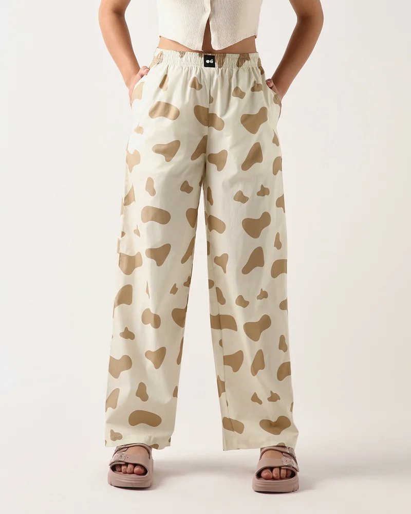 bewakoof Women's Cream All Over Printed Wide Leg Pyjamas